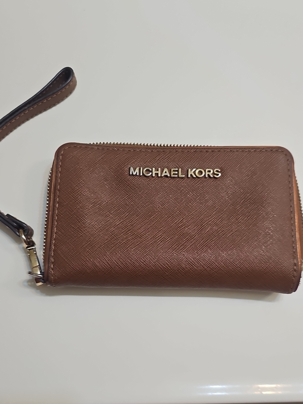 Michael Kors Brown Saffiano Zip Wristlet Wallet with Logo